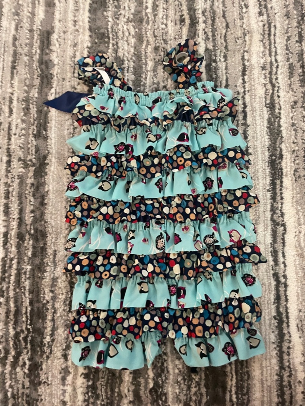 Ruffled Aqua & Navy Polka Dot Baby Romper